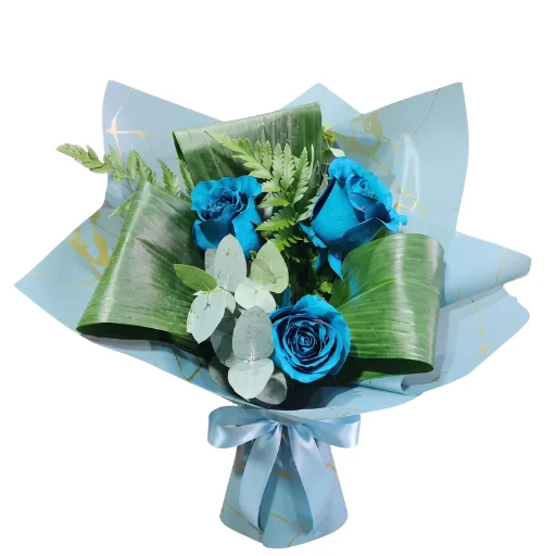 Ramo de 3 rosas verdes azuladas con papel coreano y mariposa